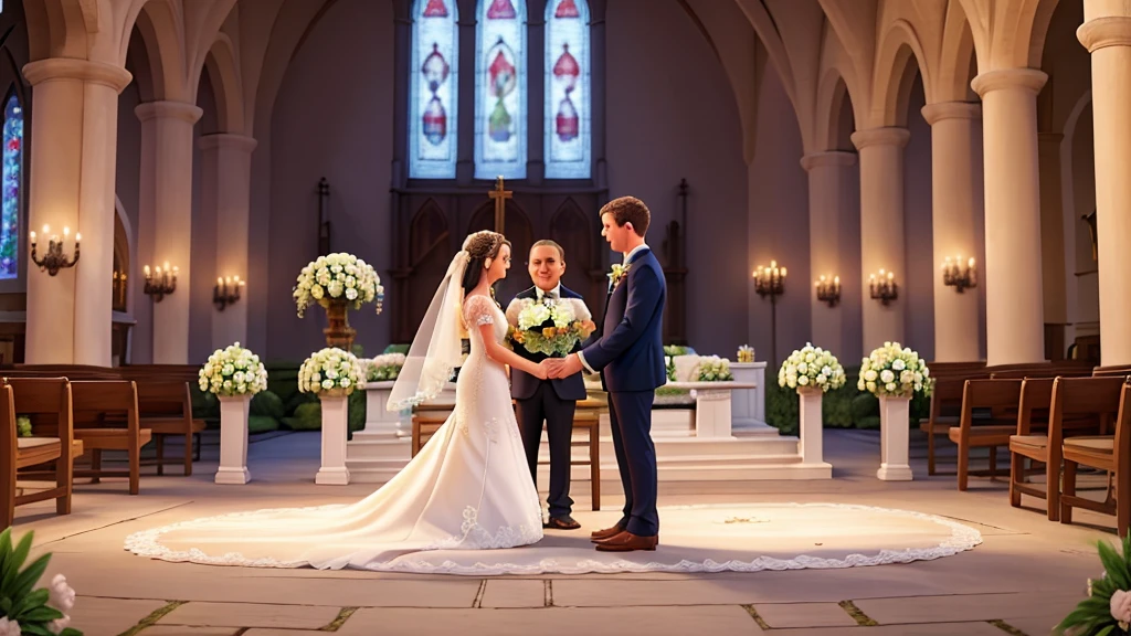 "Create an image that symbolizes the wedding, highlighting love, union and commitment. Show a couple in a romantic setting, like an altar decorated with flowers, exchanging vows or rings. Use visual elements such as clasped hands, affectionate looks and smiles to convey the emotion of the moment. Include traditional wedding symbols, like a veil, a bouquet, and an alliance. The setting can be outdoors in a beautiful garden or in a bright church, with an atmosphere of joy and celebration. Use soft, bright colors to convey a feeling of happiness and hope."