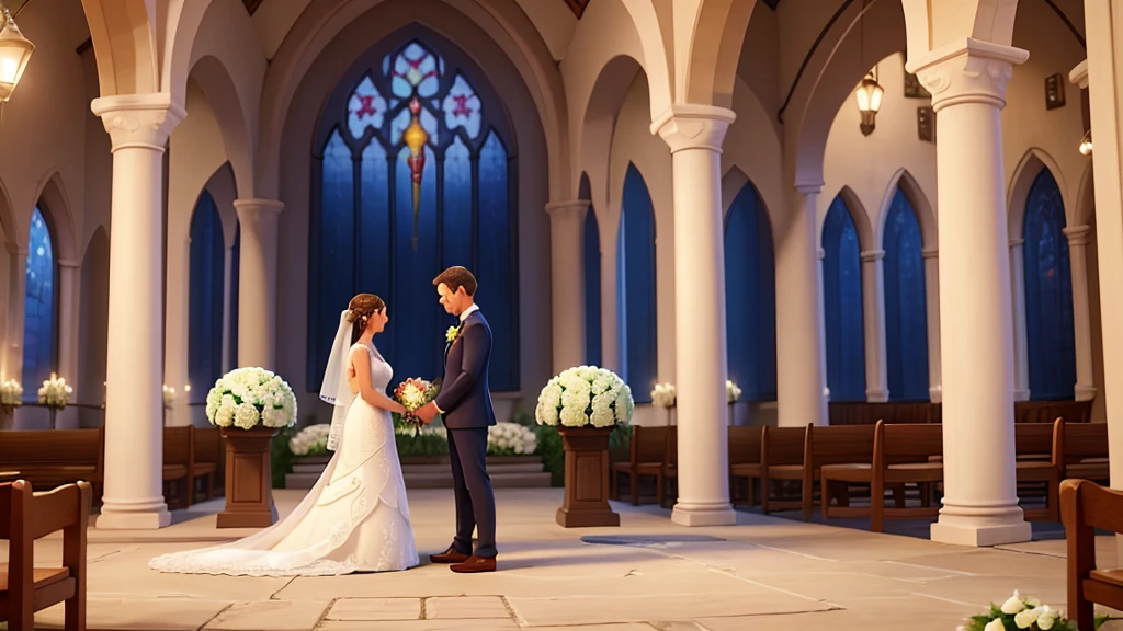 "Create an image that symbolizes the wedding, highlighting love, union and commitment. Show a couple in a romantic setting, like an altar decorated with flowers, exchanging vows or rings. Use visual elements such as clasped hands, affectionate looks and smiles to convey the emotion of the moment. Include traditional wedding symbols, like a veil, a bouquet, and an alliance. The setting can be outdoors in a beautiful garden or in a bright church, with an atmosphere of joy and celebration. Use soft, bright colors to convey a feeling of happiness and hope."