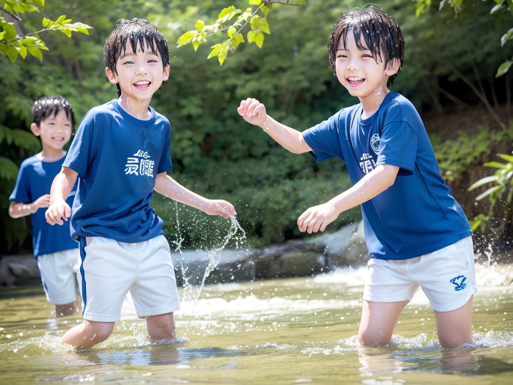 In the forest、 in the countryside、Swimming in the river、Bathing in water、水でGet wet all over、Cute eletary boy、Boy in gym clothes、The bottom of the white T-shirt is blue、Blue shorts、The boys are playing、Get wet all over、The laughter of boys can be heard from afar、Splashing Water、Japanese、(Boy 1.4)、high resolution、Highest quality