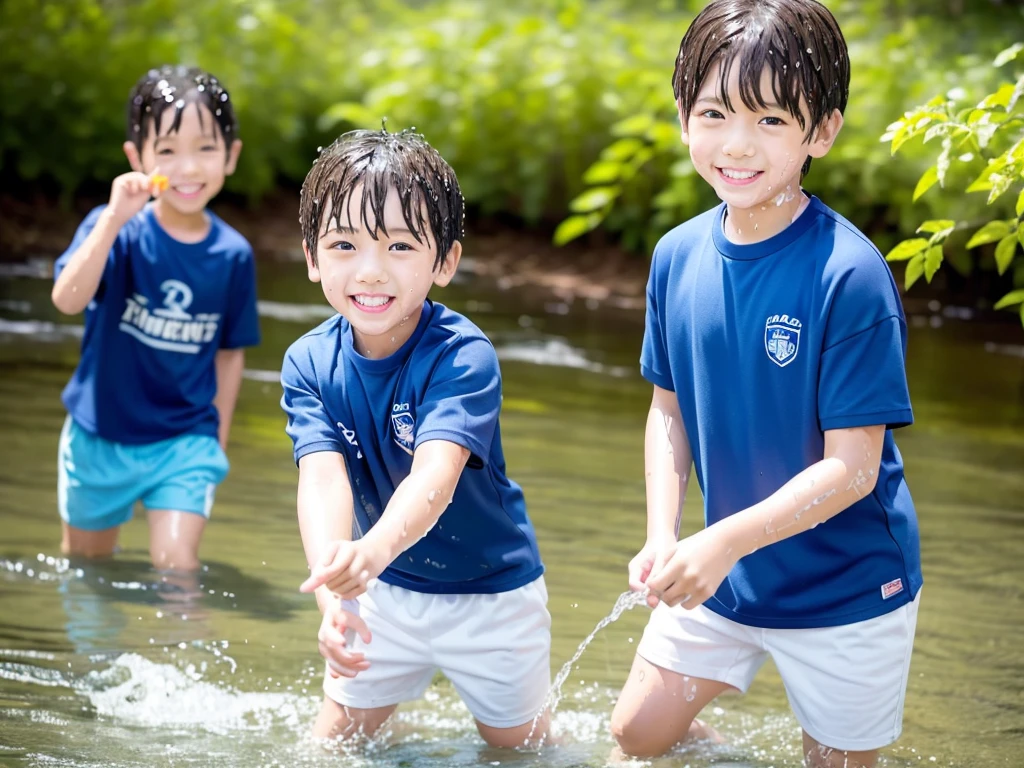 In the forest、 in the countryside、Swimming in the river、Bathing in water、水でGet wet all over、Cute eletary  boy、Boy in gym clothes、The bottom of the white T-shirt is blue、Blue shorts、The boys are playing、Get wet all over、The laughter of boys can be heard from afar、Splashing Water、Japanese、（Boy 1.4）、high resolution、Highest quality