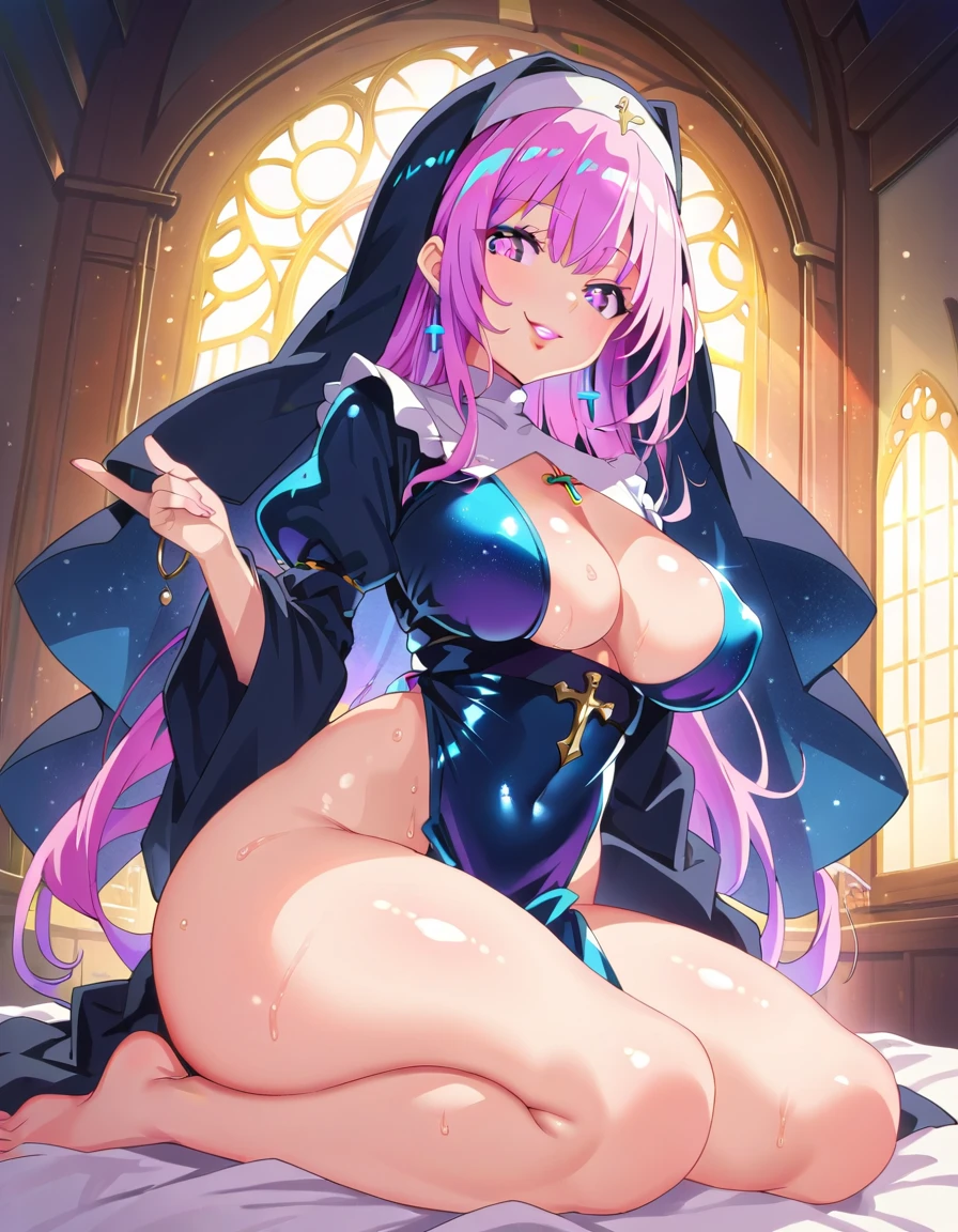 Young beautiful woman,(Highest quality,Extremely detailed depiction,Incredibly absurd high resolution,Anatomically accurate depiction,Curvy Legs),(Glowing Skin,Shiny skin,Oilskin),(Nun,複雑な光沢のあるのNunの服),eyelash,(Intensely glowing purple eyes,Crazy Eyes,There is cleavage in the chest,A seductive smile,Glossy Lips,Seductive gestures),Sweat,whole body,background:Bedroom at night