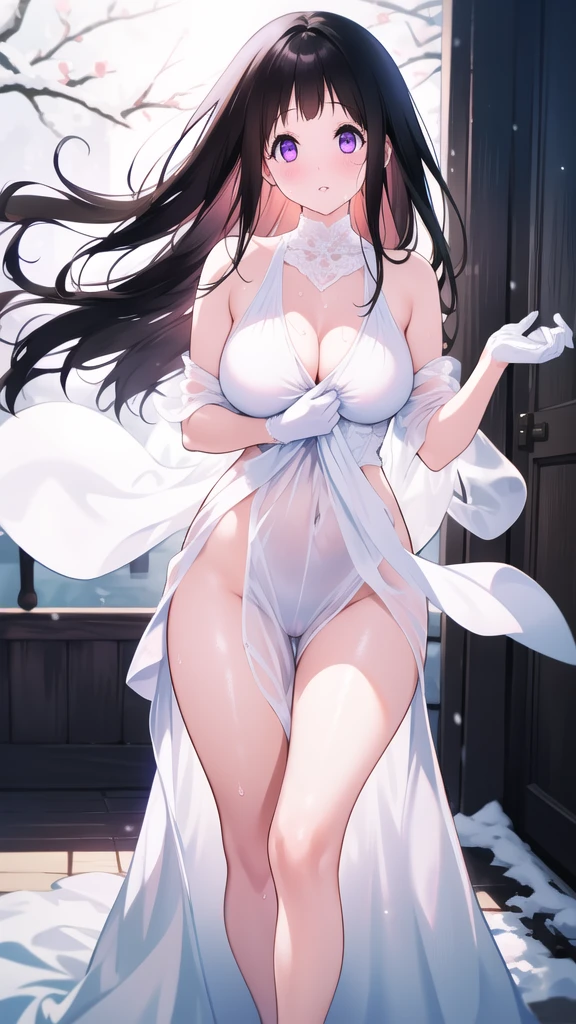 Amazing Chitanda, There is only one beautiful girl，Purple Eyes, Black Hair, Very red face，Very white skin，Glowing skin，Skin as delicate as porcelain，Naturally straight hair, Straight bangs，Extremely refined，Open lips，Long flowing hair，Beautiful Girl, Like a dream，Slim，Slim waist，Soft, (Sensual), (Kawaii), Dream quality，Beautiful big breasts，White transparent loose dress，Areola，Completely naked，Lower edge of breast，White gloves，Flower decoration，Deep V neckline，Loose neckline，Wide neckline，In school，The wind blows the hair，Place your hands on your inner thighs，Thighs clamp hands，Wet skin，Sweaty and sweaty，Sweating all over，On the snow，Back to，Hips，Side body，Gluteal groove，Completely naked的臀部，Bare back，Completely naked的背部，Light transmission，（no pants），nopan，pussy juice，Bare shoulders，There are no shoulder straps，Bare neck，Exposed collarbone，Exposing breasts，Exposing breasts侧面，Exposing breasts下面，Show your waist，Show your buttocks，Show your thighs，Exposing the groin，（No pants），extremely shy，Ultra-high resolution, (masterpiece:1.2, best quality), (Delicate and beautiful eyes: 1.2), (Beautiful and delicate face)