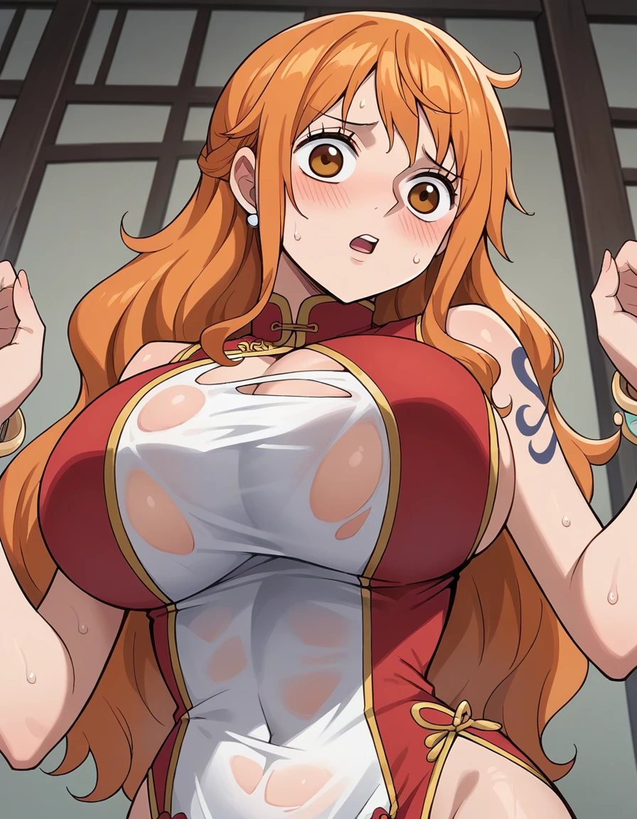 score_9, score_8_up, score_7_up, source_anime, best quality, clear face, Nami, orange hair, orange eyes, long hair, large breasts, perfect body, standing, looking at viewer, shocked, china dress, red clothes, dynamic angle, indoor, wet clothes,blushing,embrassed,see though clothes,big boob,hands on boob, view from below,bend over,ripped clothes,reveling dress,ripped dress