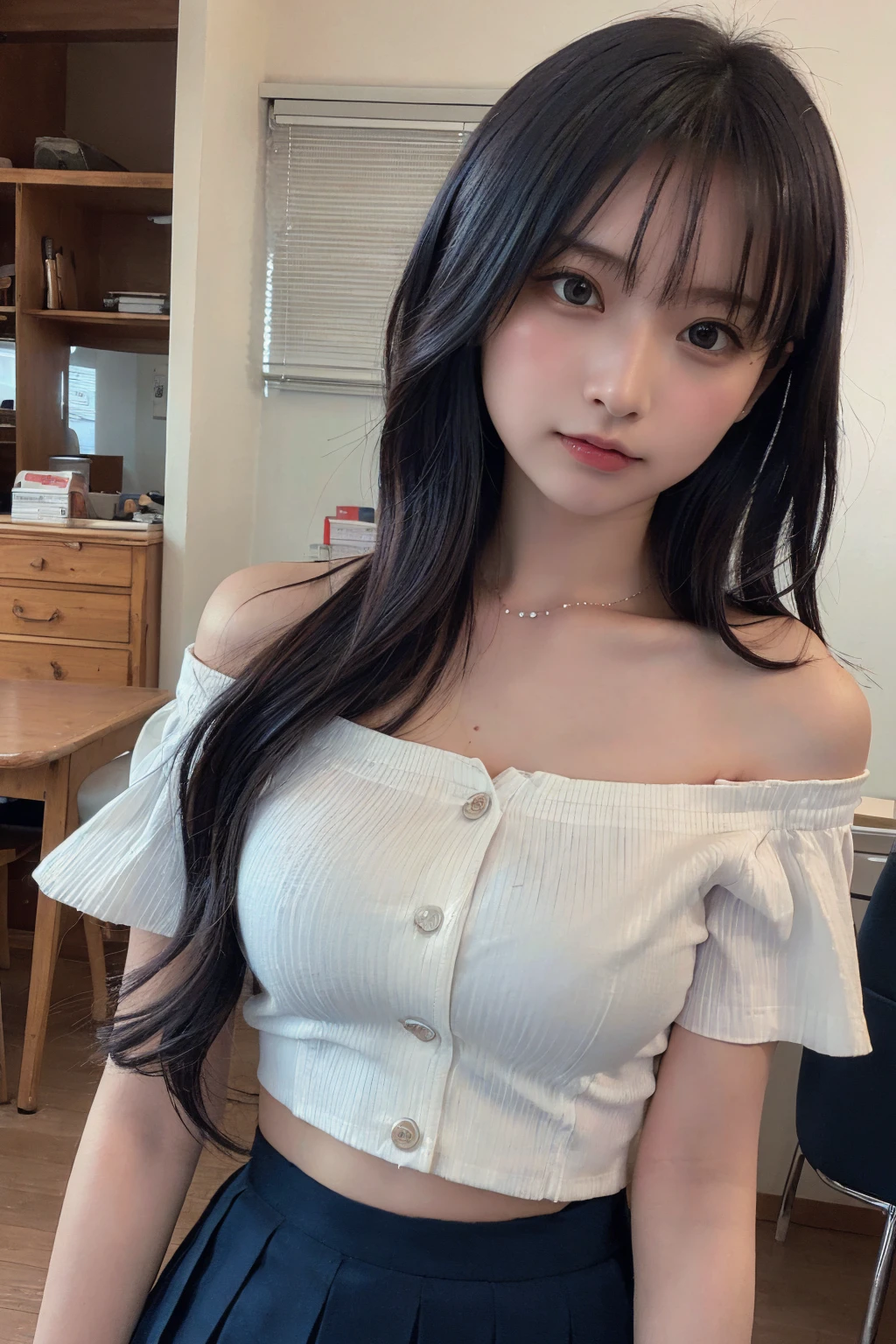 (Highest quality:1.4),(masterpiece:1.4),(Realistic:1.4),(Realistic:1.2),(超High resolution, RAW Photos:1.4),(High resolution, Very detailed:1.2),(8K:1.2),Cheki,a photo of a dark-haired,One Girl,alone,(wearing off shoulder buttoned school attire with mini pleated skirt),Big Breasts,((Upper Body:1.3)), beautiful thighs, long wavy Hair,Low image quality、blurred