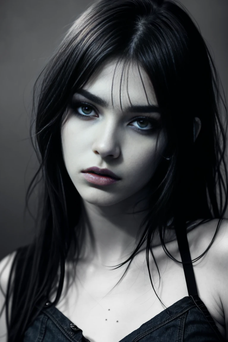 a beautiful 18 year old slender woman, emo girl, black dress, denim shorts, detailed face, piercing eyes, full lips, long eyelashes, glowing skin, elegant pose, dynamic lighting, moody atmosphere, dark aesthetic, cinematic composition, vibrant colors, photorealistic, 8k, high resolution, best quality