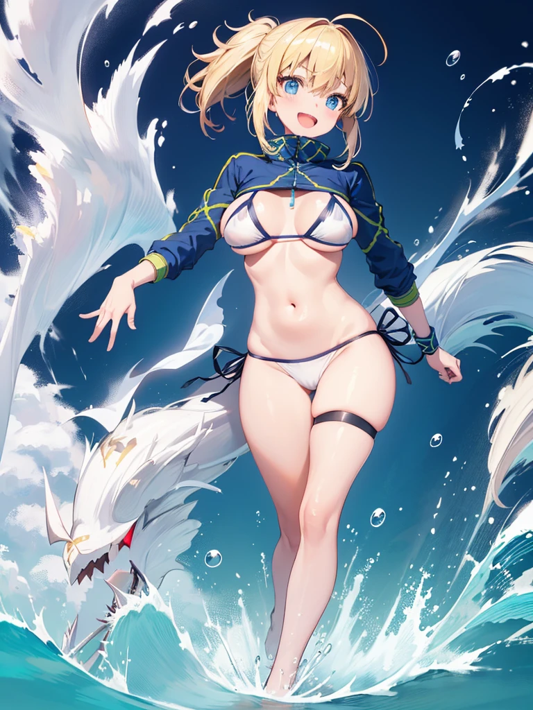 masterpiece,(ultra-detailed),1girl, mysterious heroine xx \(fate\), half_eyes,smile,open mouth, swimsuit, white bikini, side-tie bikini bottom, shrug \(clothing\), jacket, thigh strap, wristband, large_breasts, ocean, splashing,blonde_ponytail,open_legs,cap,happiness,standing,