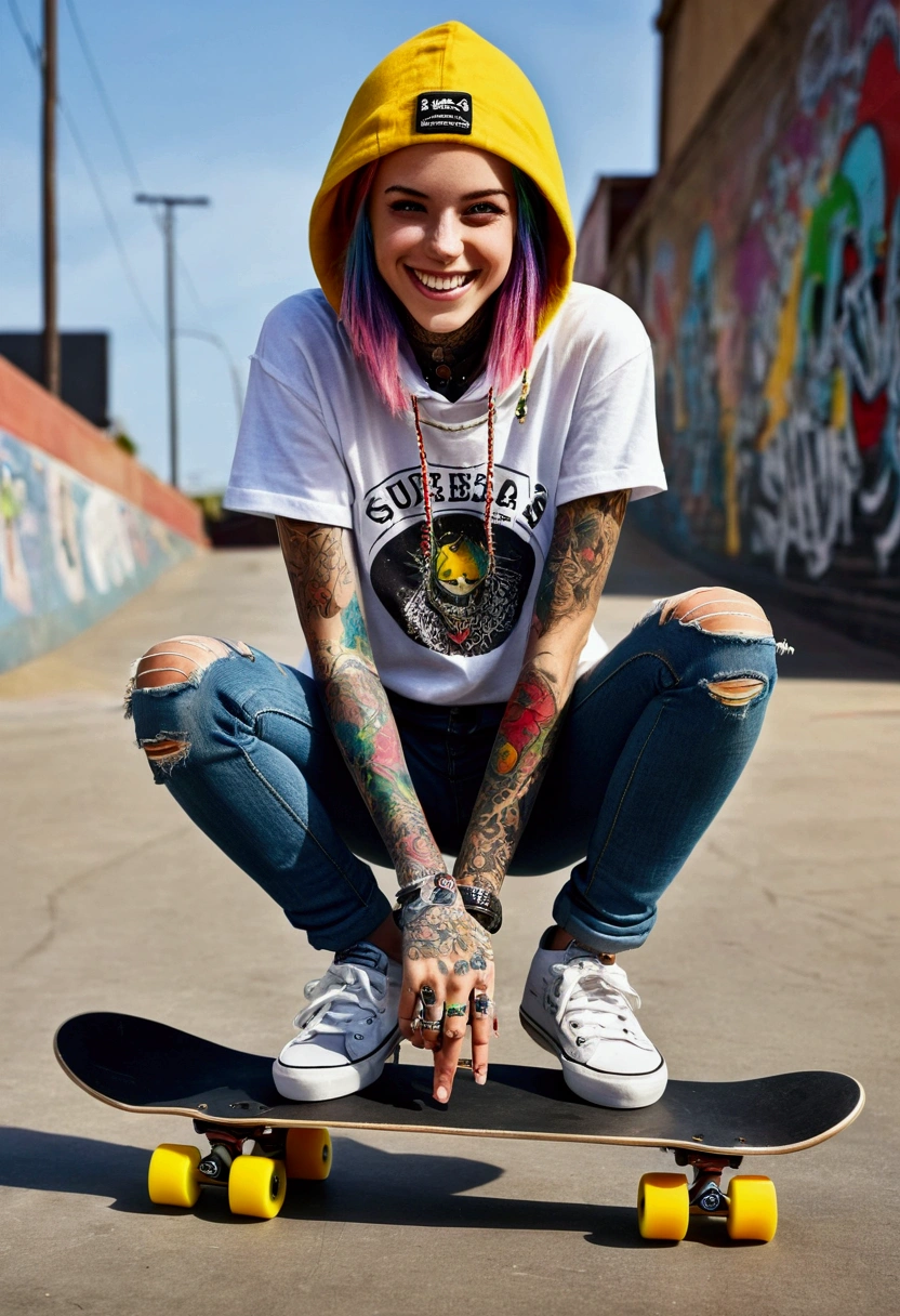 The Most Beautiful and Sexiest Skateboarding Girl, A big smile, rainbow colored hair, yellow  eyes, Wear a hood, graphic tee, Ripped skinny jeans and highly detailed skate gear, tons of tattoos and piercings, very highly detailed background, Perfect masterpiece, high qualiy, high resolution