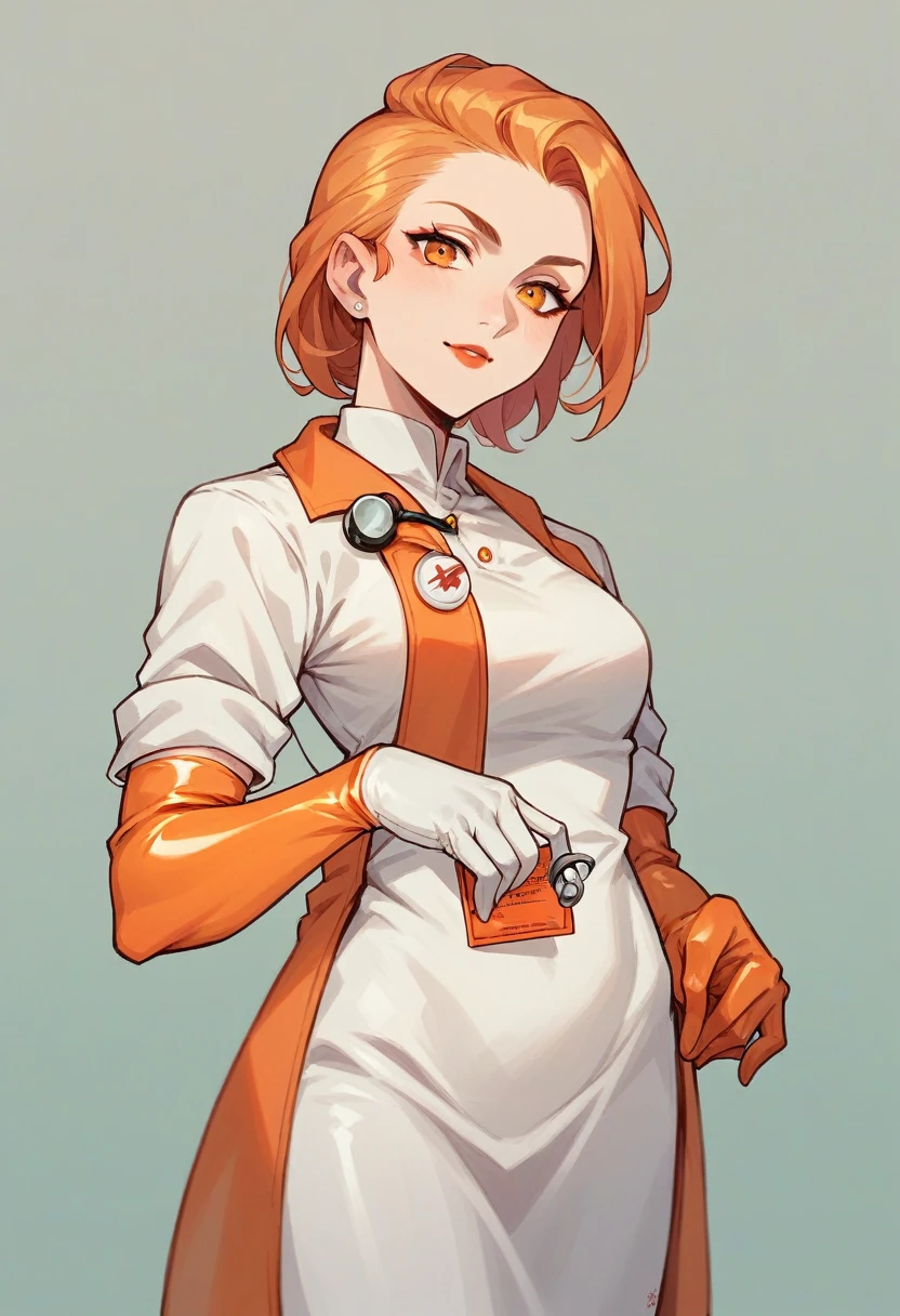 1girl, ((white elbow gloves)), ((surgical gloves)), ((latex gloves)), ((long sleeves)) ((orange surgeon outfit)), looking at viewer, ((orange doctor outfit)), standing, solo