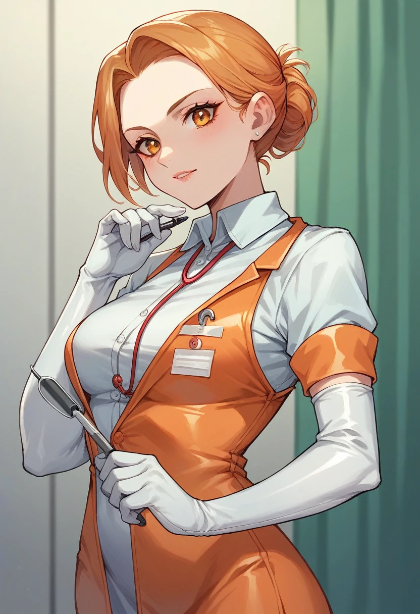 1girl, ((white elbow gloves)), ((surgical gloves)), ((latex gloves)), ((long sleeves)) ((orange surgeon outfit)), looking at viewer, ((orange doctor outfit)), standing, solo