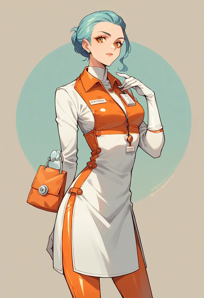 1girl, ((white elbow gloves)), ((surgical gloves)), ((latex gloves)), ((long sleeves)) ((orange surgeon outfit)), looking at viewer, ((orange doctor outfit)), standing, solo