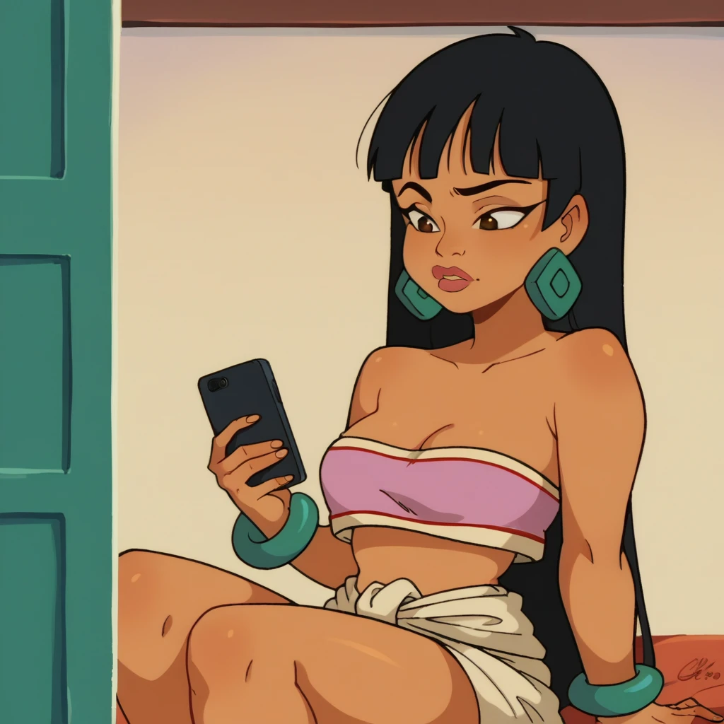 score_9_presence, score_8_up, Chel, El Dorado, wrapped in towel, medium breasts, holding phone