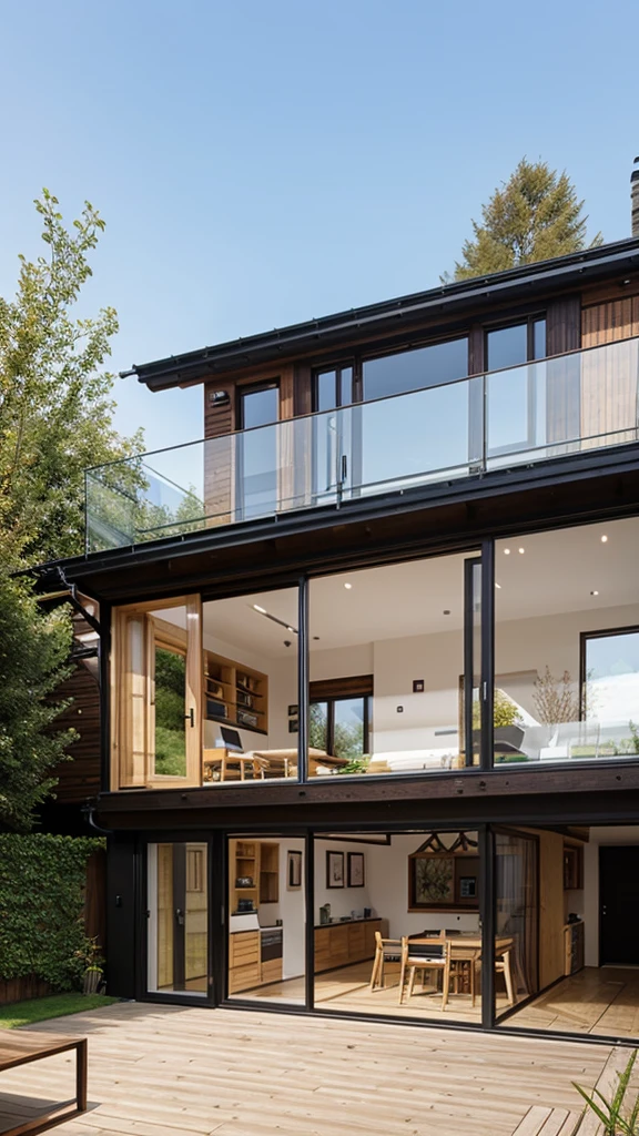 Reproduce a simple modern half-timbered house with glass partitions.