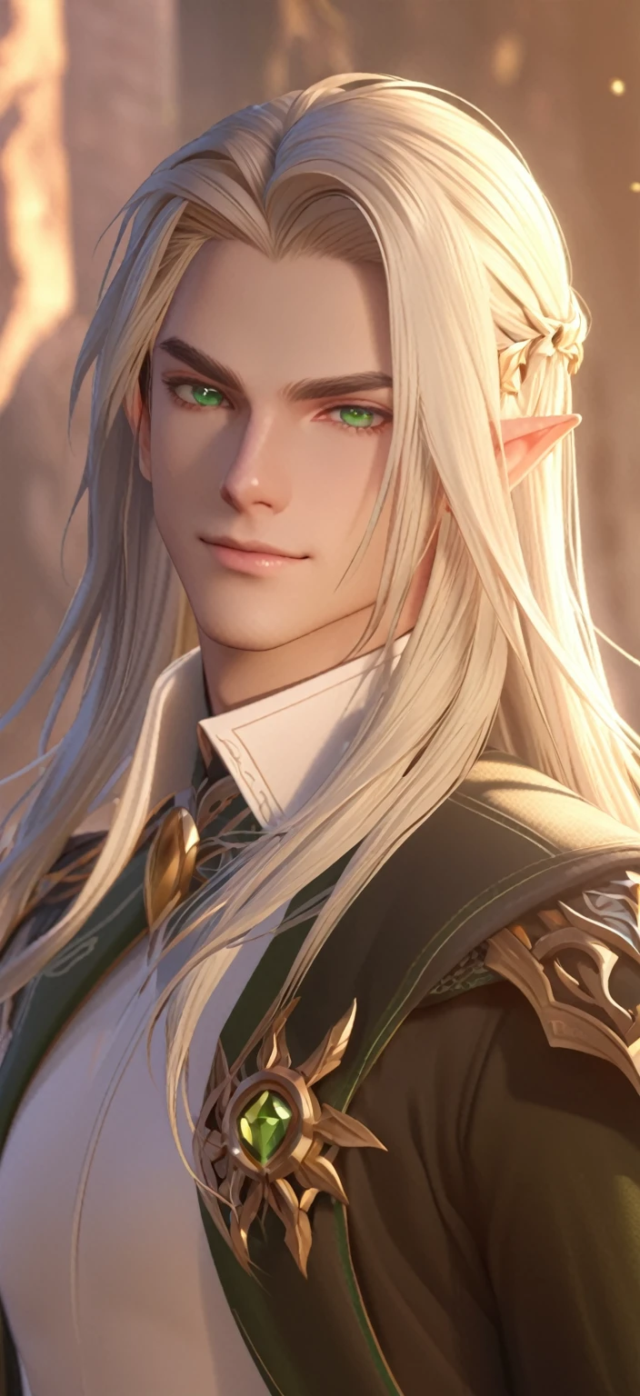 Blonde and green eyes、Woman wearing a black jacket, a portrait of Male Elf, Beautiful male elf, elven character with smirk, Character close-up, Character Art Close-Up, Male Elf, Close-up Character, Character portrait close-up, 8K Portrait Rendering, 3d rendering character art 8k, Character close-up, A delicate androgynous prince