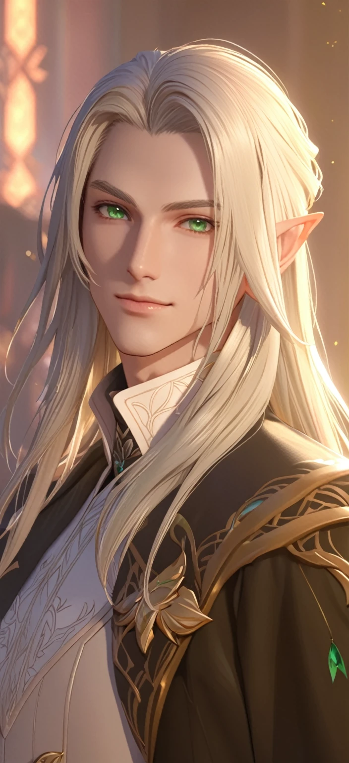 Blonde and green eyes、Woman wearing a black jacket, a portrait of Male Elf, Beautiful male elf, elven character with smirk, Character close-up, Character Art Close-Up, Male Elf, Close-up Character, Character portrait close-up, 8K Portrait Rendering, 3d rendering character art 8k, Character close-up, A delicate androgynous prince