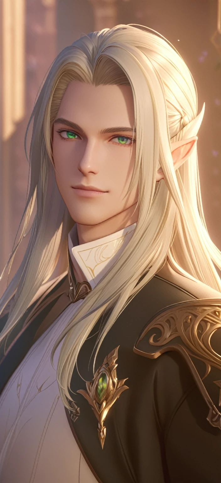 Blonde and green eyes、Woman wearing a black jacket, a portrait of Male Elf, Beautiful male elf, elven character with smirk, Character close-up, Character Art Close-Up, Male Elf, Close-up Character, Character portrait close-up, 8K Portrait Rendering, 3d rendering character art 8k, Character close-up, A delicate androgynous prince