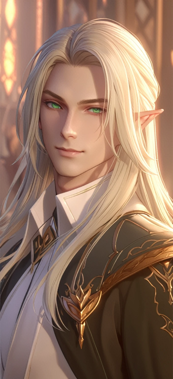 Blonde and green eyes、Woman wearing a black jacket, a portrait of Male Elf, Beautiful male elf, elven character with smirk, Character close-up, Character Art Close-Up, Male Elf, Close-up Character, Character portrait close-up, 8K Portrait Rendering, 3d rendering character art 8k, Character close-up, A delicate androgynous prince