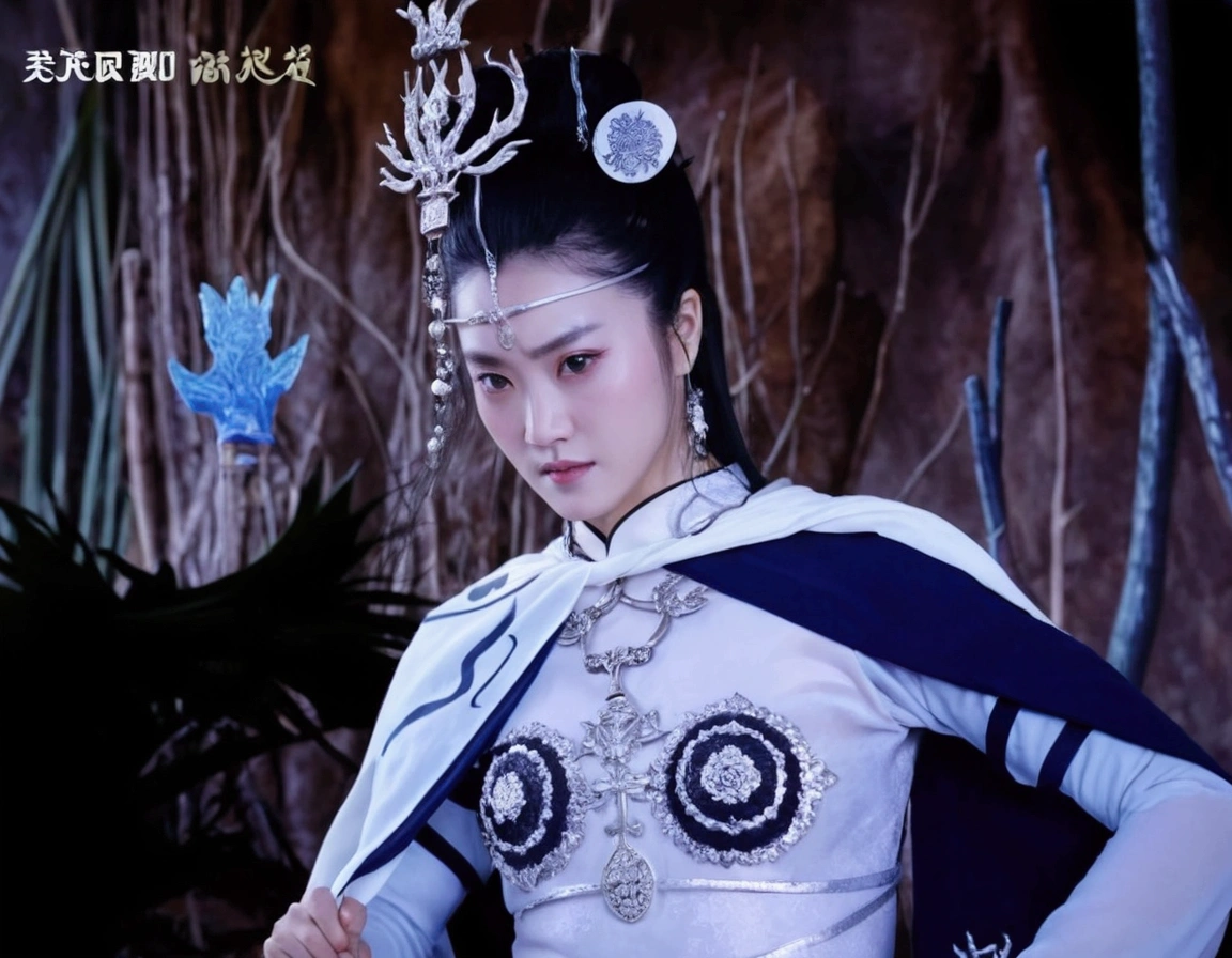 Arav woman with crown and sword, Queen of the Sea Mu Yanling，(Large Breasts)， zhao yun, Inspired by trees, A young woman plays, Transparent clothes，Full body martial arts, Fantasy Stills, Chiba Yudai