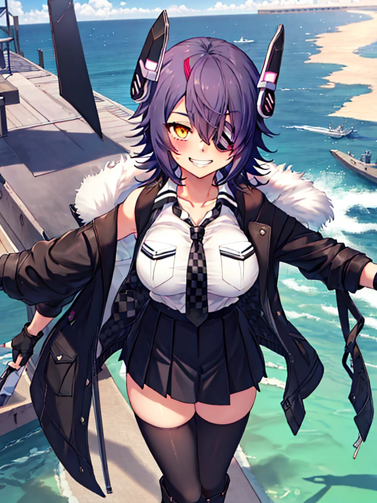 best quality, masterpiece, solo, {tenryuu_kantaicollection:1.15}, teen_girl, eyepatch, short_hair, purple_hair, yellow_eyes, headgear, breasts, necktie, large_breasts, smile, 1girl, blush, checkered_necktie, hair_over_one_eye, shirt, collared_shirt, white_shirt, jacket, sleeveless, brown_eyes, fur-trimmed_jacket, fur_trim, collarbone, looking_at_viewer, pocket, breast_pocket, grin, black_jacket, messy_hair, black_gloves, gloves, partially_fingerless_gloves,harbor_town_landscape_background,short_skirt,thigh-highs,boots,sea,sunlight,