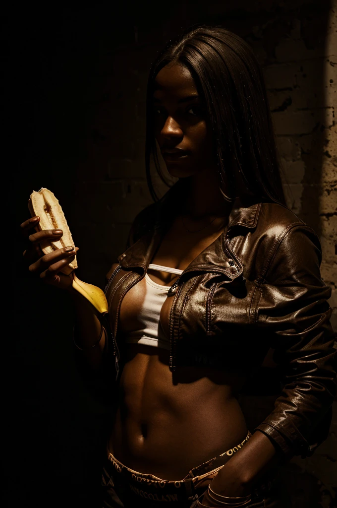 woman in basic clothes holding a banana covered in nutella, dark environment. 4K resolution captures every detail, play of shadows and light on your skin, portrait.