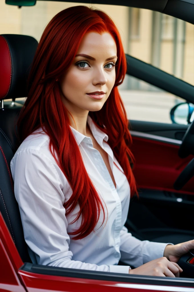 A woman with red hair is driving a car