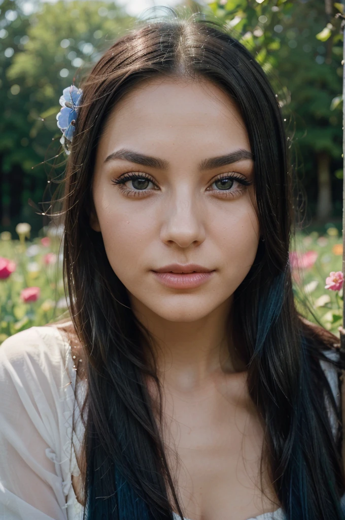 A girl with long blue hair. Her face is exquisite, with high cheekbones and smooth fair skin. Her large black eyes, framed by long thick eyelashes, are impressive and expressive, radiating calmness and confidence. Well-defined eyebrows curve gracefully above her eyes, adding intensity to her gaze. She has a small, straight nose and full, slightly parted lips that curve into a slight smile, revealing hints of mischief and allure. Her sharp, well-defined jawline gives her face a refined and elegant appearance. happy standing in a beautiful field of flowers, colorful flowers everywhere, perfect lighting, leica summicron 35mm f2.0, Kodak Portra 400, film grain