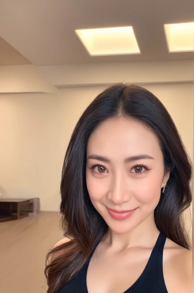 ((best quality、8k、Best image quality、Award-winning works))、A beautiful mature woman、Adults aged 45 years、Look at me and smile、(cleveage:1.1)、(Large Breasts:1.1)、Epic Lighting、(Sexy感受:1.2)、(Sexy、The most sporty atmosphere:1.2)、(Gym:1.1)、室内Gym:1.1)、Radiant and beautiful skin、Ultra HD Beauty、Long eyelashes、Natural Makeup、Ultra HD hair、Ultra-high resolution eyes、(超高解像度でRadiant and beautiful skin:1.1)、Ultra high resolution glossy lips、Beautiful skin with a radiant glow、Yoga Clothes、Yoga Pants