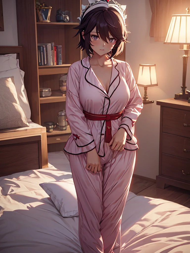 Rosaria from Genshin impact game, 1woman, wearing a cute pajamas, at morning bed, short hair style, 8k, high detailed, high quality, full body