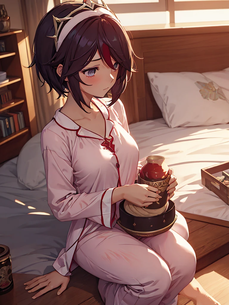 Rosaria from Genshin impact game, 1woman, wearing a cute pajamas, at morning bed, short hair style, 8k, high detailed, high quality, full body