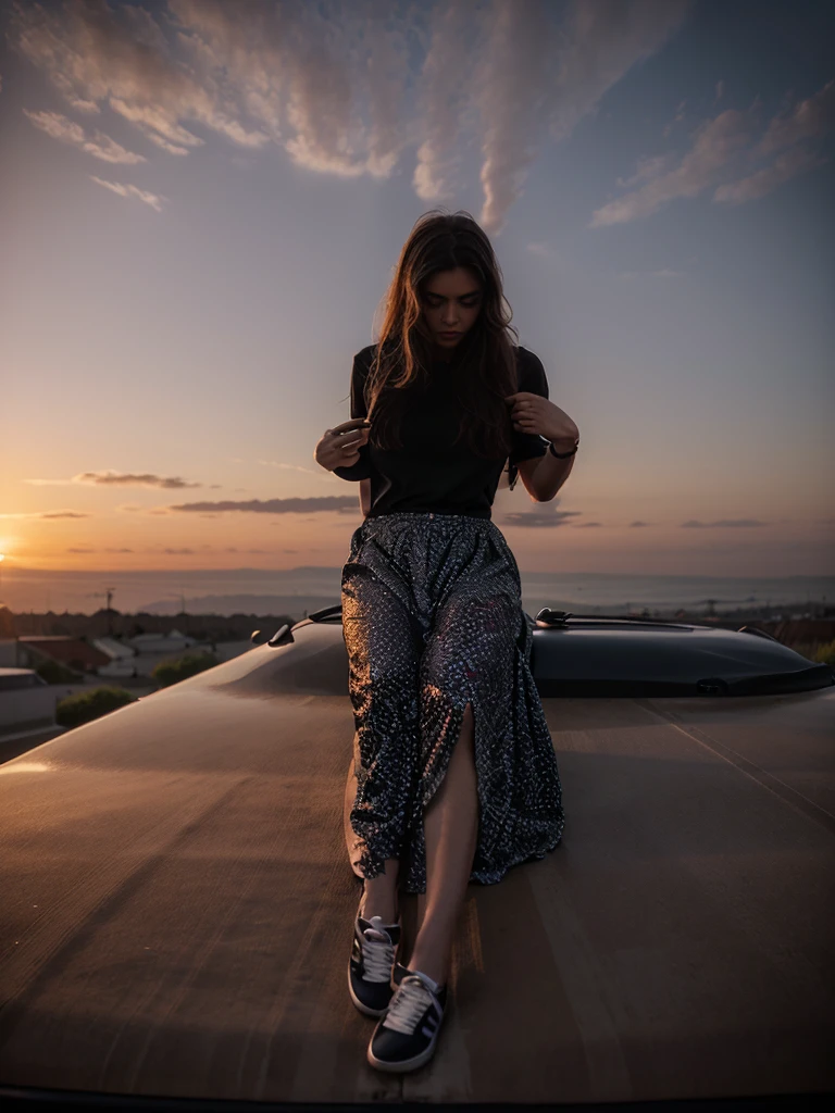 Girl sitting on the hood of a car at sunset realistic photographic photography quality