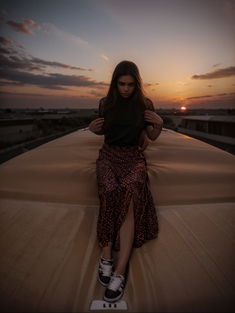 Girl sitting on the hood of a car at sunset realistic photographic photography quality