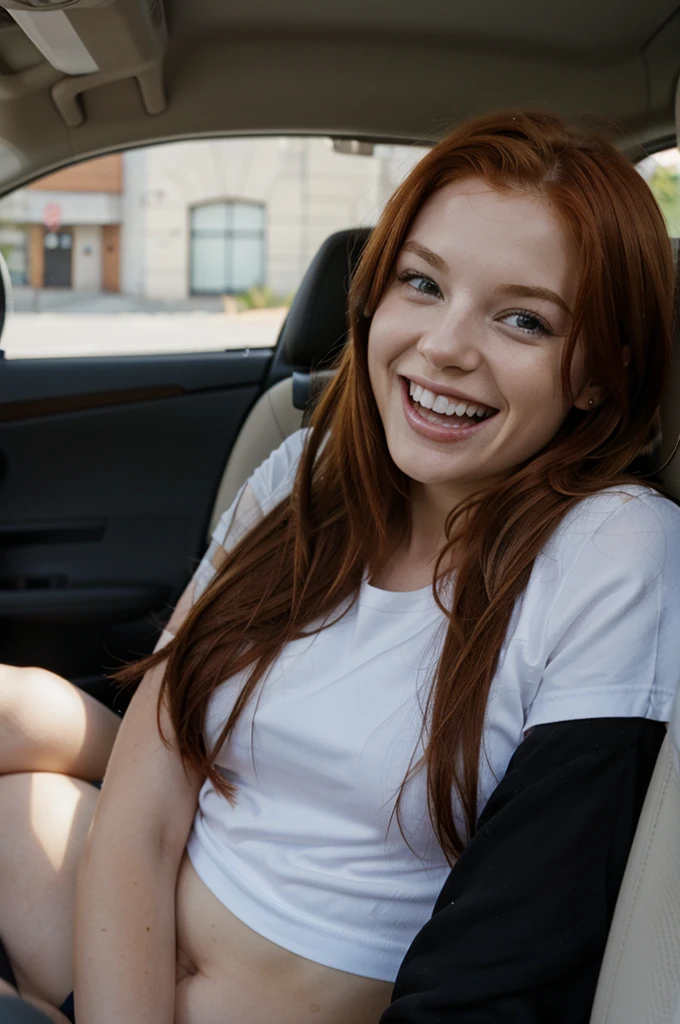 Very young redhead laughing in the car