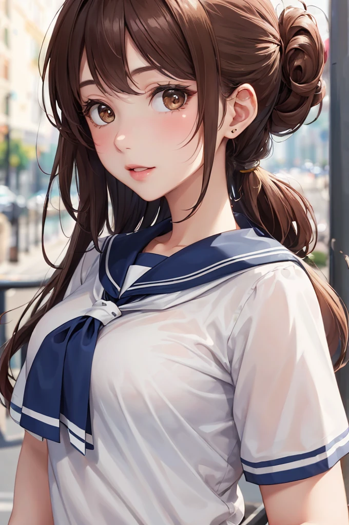 (Best Quality,High resolution,8k,finelity detailed background,Masterpiece:1.2),beautiful girl,Shiny brown hair,pony taill,Beautiful brown eyes,Best quality,Aesthetic and aesthetic:1.2,Best details((Super detailed))(High-definition CG illustrations),Sailor suit,Summer clothes,Big Breasts,cute,cute,Looking up,blush,School,Schoolyard,super model