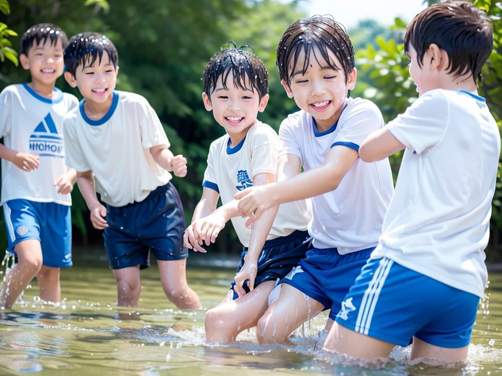 In the forest、Children in the countryside、Swimming in the river、Bathing in water、水でGet wet all over、Cute elementary school boy、10Year old boy、Boy in gym clothes、The bottom of the white T-shirt is blue、Blue shorts、The boys are playing、Get wet all over、The laughter of boys can be heard from afar、Splashing Water、Japanese、(Boy 1.4)、high resolution、Highest quality
