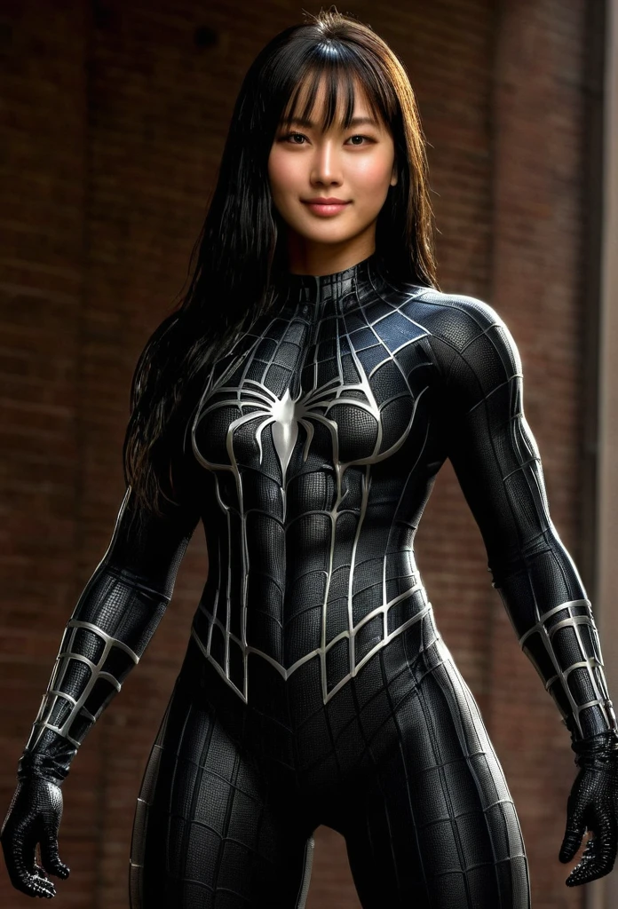 score_9, score_8_up, score_7_up, best quality, realistic, masterpiece, beautiful detail, hyperrealistic, night, (1girl, woman body, smile, black hair), big breasts:1, amazing detailed full body portrait of a beautiful japanese girl, defined muscle girl, wearing a realistic and highly detailed black raimi spider-man suit, ((huge muscular girl)), professional model wears ultra - detailed black raimi spider - man suit, ultra - detailed and grained black raimi spiderman suit, suit covered entire body and hand, black spiderman gloves, wet, (workout pose), (full body), (dirty skin), close up, octane render, highly detailed, volumetric, dramatic lighting, (highest quality:1.1), (HDR:1.3), (top quality, best quality), realistic, high definition,