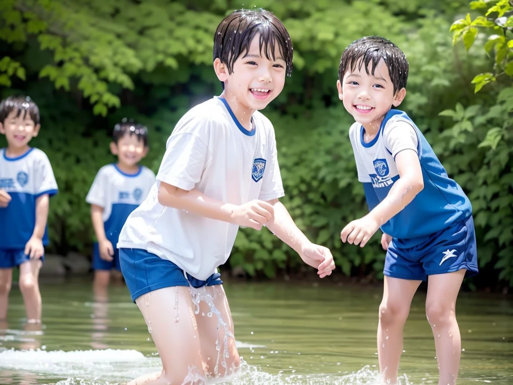 In the forest、 in the countryside、Swimming in the river、Bathing in water、水でGet wet all over、Cute eletary  boy、Boy in gym clothes、The bottom of the white T-shirt is blue、Blue shorts、The boys are playing、Get wet all over、The laughter of boys can be heard from afar、Splashing Water、Japanese、（Boy 1.4）、high resolution、Highest quality