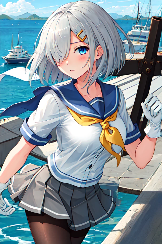 best quality, masterpiece, highres, solo, {hamakaze_kantaicollection:0.90}, 1girl, black_pantyhose, pleated_skirt, serafuku, short_sleeves, simple_background, white_background, yellow_neckerchief, white_gloves, looking_at_viewer, grey_skirt, blush, eyes_visible_through_hair, blue_sailor_collar, dynamic_posing,long_bangs,hair_over_one_eye,harbor_school_landscape_background,outdoor,