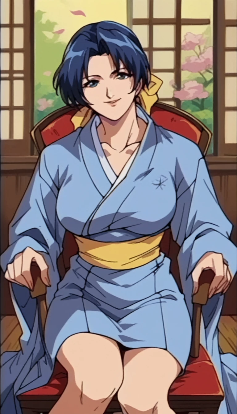 kasumi from dead or alive, blue kimono, mature, milf, sit in a chair