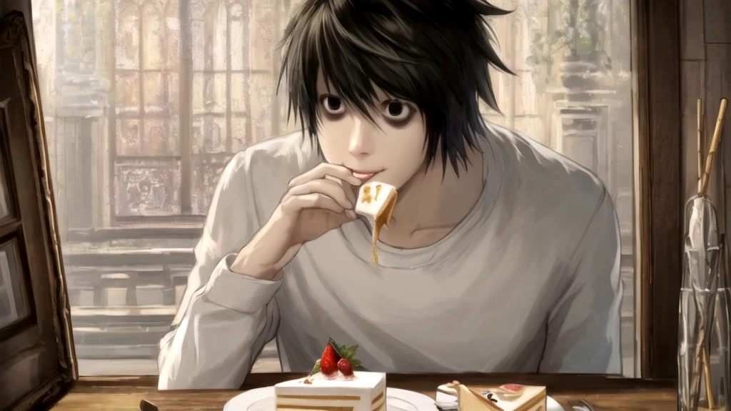 1 boy, man, perfect anatomy, mesmerizing black eyes, 8k resolution, (one person), (realism: 1.2), (masterpiece: 1.2), (cowboy frame: 1.2), dark romantic lighting, (high detail: 1.2), (detailed face: 1.2), (gradients), bright detailed eyes, (natural light: 1.2), solo, indoors, perfect lighting, perfect facial features, perfect angle, perfectly drawn eyes, man, smile, skinny, eats cake, holds the phone in his hand