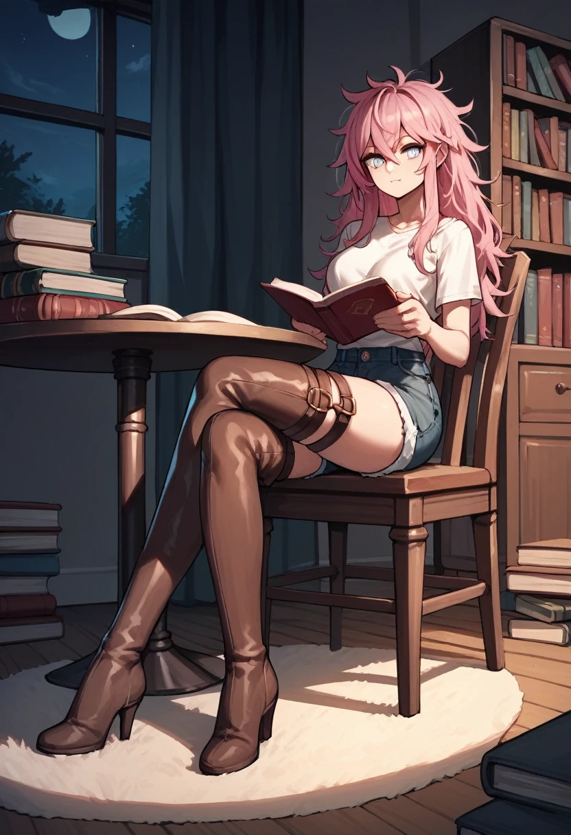score_9, score_8_up, score_7_up, score_6_up, score_5_up, score_4_up, source_anime, 1girl, sit, chair, pink hair, long hair, white eyes, crossed legs, messy hair, black topics, shorts, brown thigh high boots, straps on boots, heels, books, table, night, carpet, reading book, rooms, best quality, best res, 4K UHD,
 