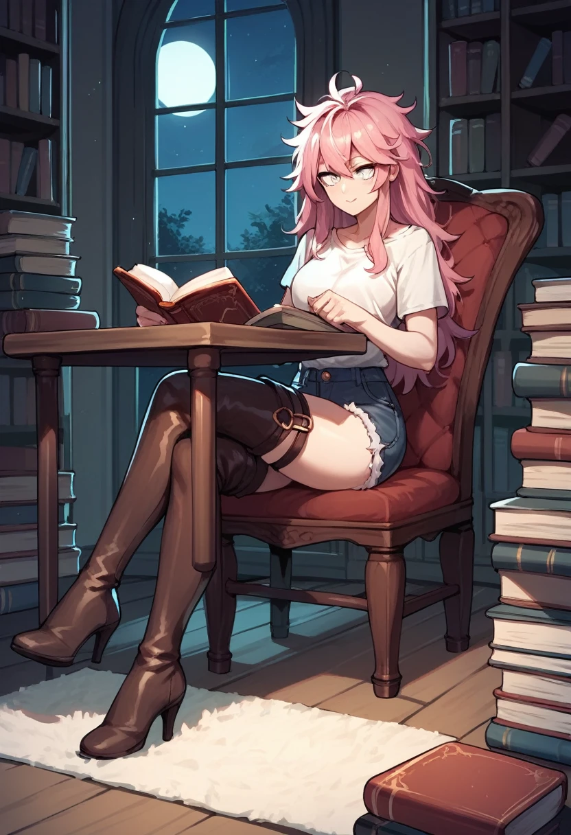 score_9, score_8_up, score_7_up, score_6_up, score_5_up, score_4_up, source_anime, 1girl, sit, chair, pink hair, long hair, white eyes, crossed legs, messy hair, black topics, shorts, brown thigh high boots, straps on boots, heels, books, table, night, carpet, reading book, rooms, best quality, best res, 4K UHD,