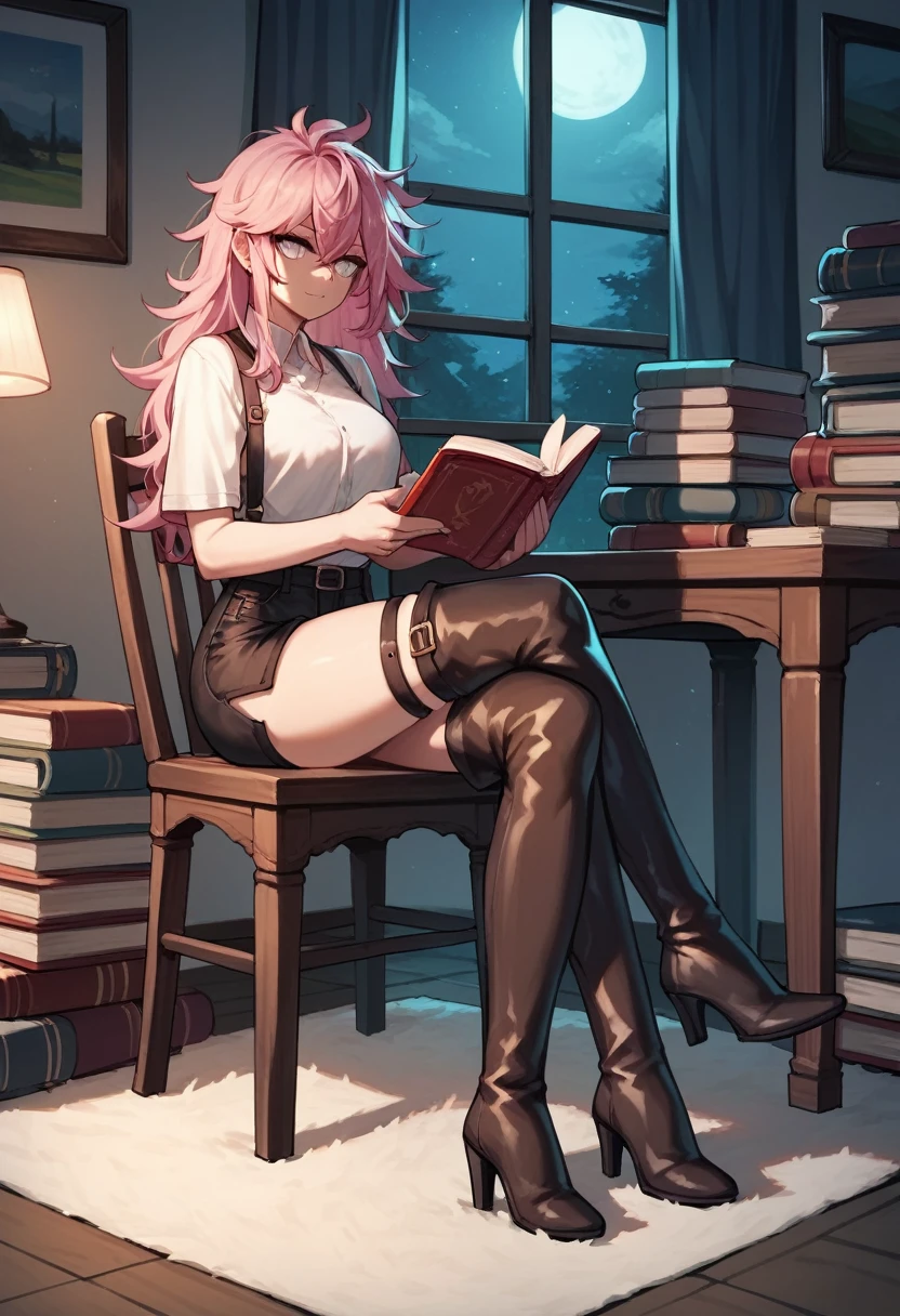 score_9, score_8_up, score_7_up, score_6_up, score_5_up, score_4_up, source_anime, 1girl, sit, chair, pink hair, long hair, white eyes, crossed legs, messy hair, black topics, shorts, brown thigh high boots, straps on boots, heels, books, table, night, carpet, reading book, rooms, best quality, best res, 4K UHD,
 