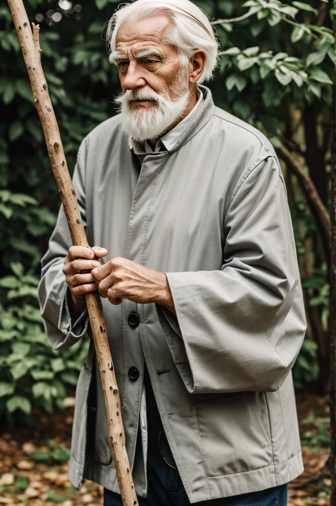 An old man with white hair with a stick in his hand