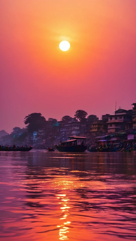 a serene sunset scene by the ganges river,beautiful detailed sky with vibrant colors reflecting on the shimmering water surface,gentle waves lapping against the shore,distant sounds of prayers being sung,atmospheric lighting,photorealistic,8k,highly detailed,masterpiece, with a watermark "BARU" on it