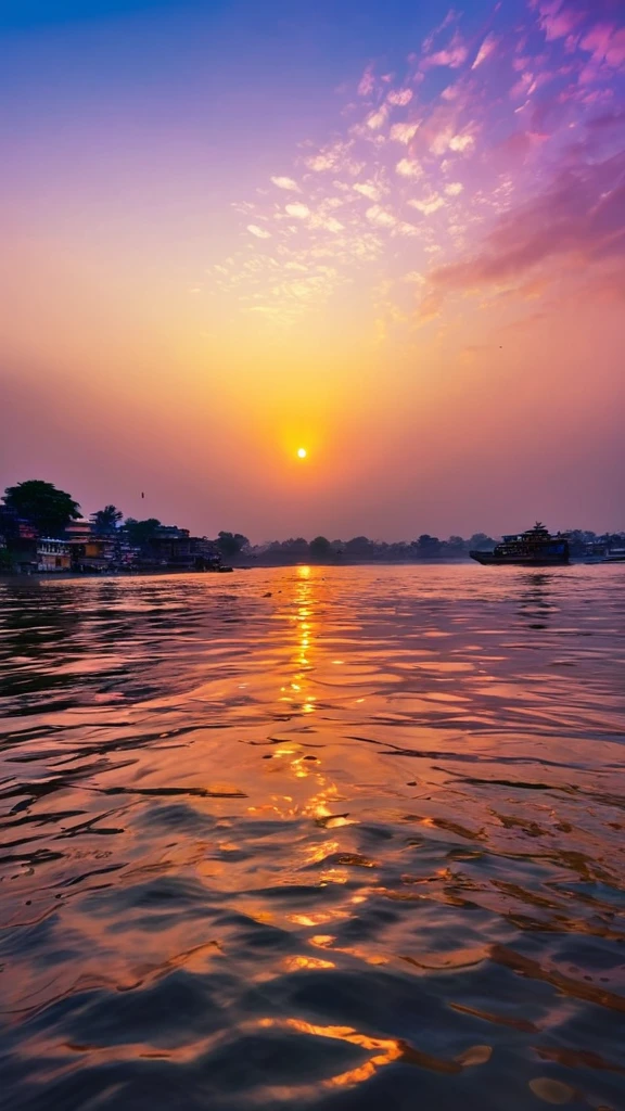 a serene sunset scene by the ganges river,beautiful detailed sky with vibrant colors reflecting on the shimmering water surface,gentle waves lapping against the shore,distant sounds of prayers being sung,atmospheric lighting,photorealistic,8k,highly detailed,masterpiece, with a watermark "BARU" on it