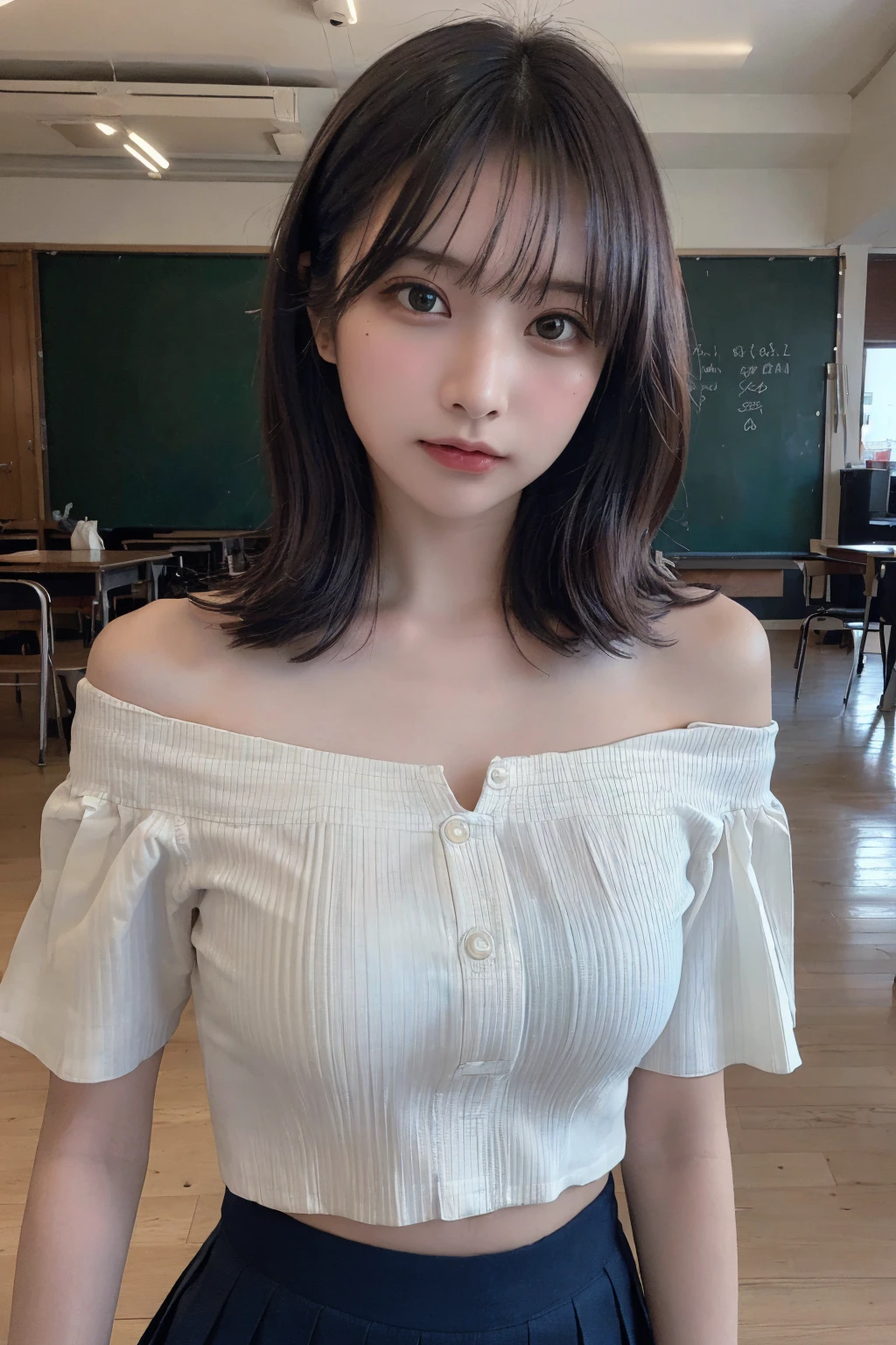(Highest quality:1.4),(masterpiece:1.4),(Realistic:1.4),(Realistic:1.2),(超High resolution, RAW Photos:1.4),(High resolution, Very detailed:1.2),(8K:1.2),Cheki,a photo of a dark-haired,One Girl,alone,(wearing off shoulder buttoned school attire with mini pleated skirt),Big Breasts,((Upper Body:1.3)), beautiful thighs, long wavy Hair,Low image quality、blurred