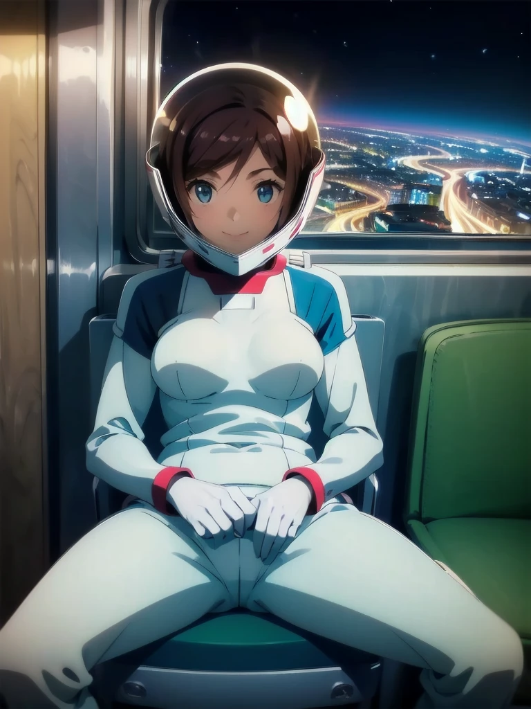 space helmet, (cinematic scene, sitting on a chair, train interior, , city view, night view: 1.5), space helmet, eva helmet, space suit, astronaut), smile bubble helmet, very detailed, speed helmet, bubble helmet, ,upper body, astronaut),eva helm, spacesuit , astronaut),girl, wearing a (spacesuit:1.15), white cargo pants