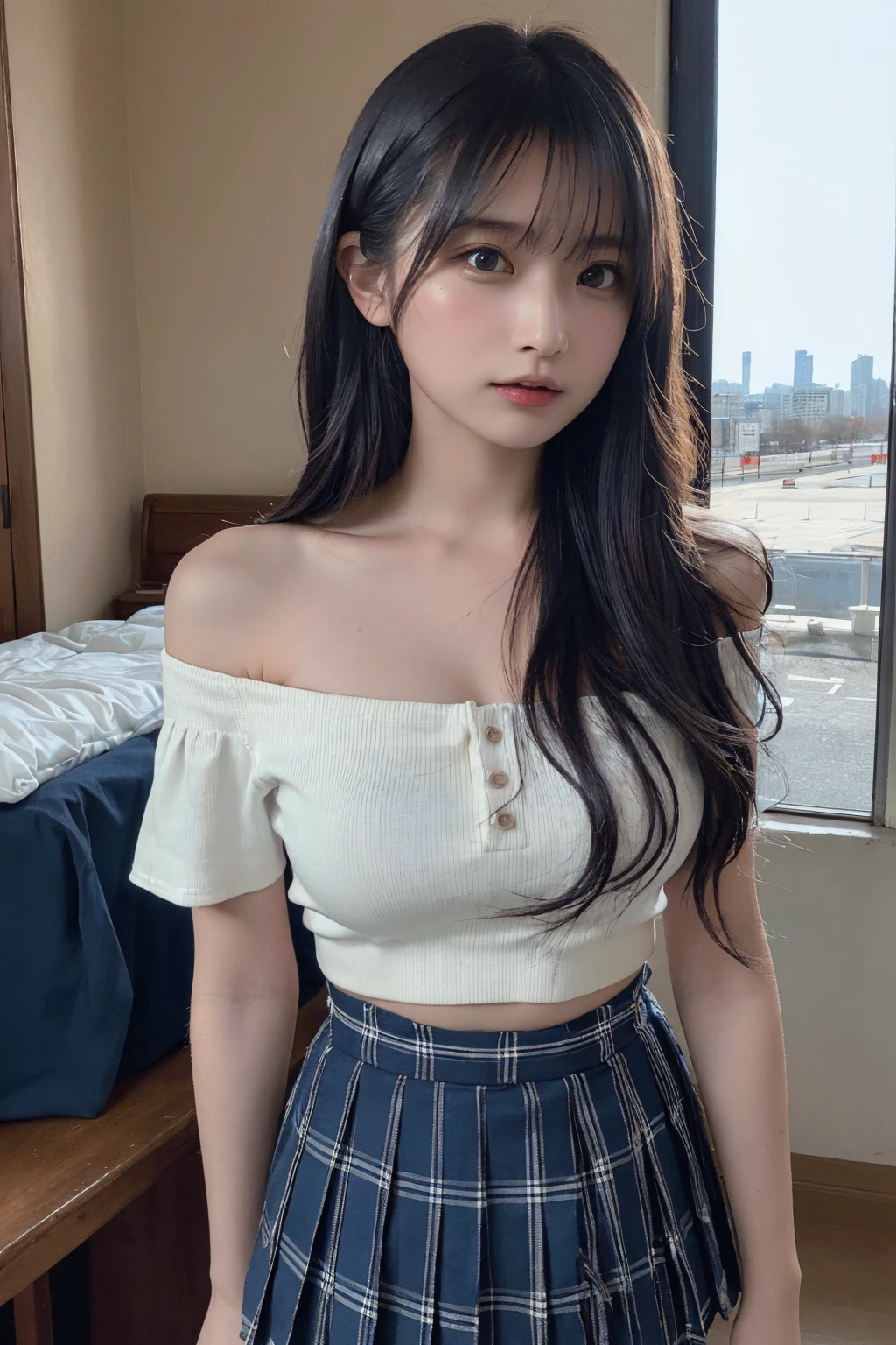 (8K, RAW Photos, Highest quality, masterpiece:1.2), masterpiece, super detailed, super high quality, (Realistic and photorealistic photography:1. 37), High-resolution RAW color photos, Very delicate and beautiful, highly detailed, 8k wallpaper, wonderful, detailed, Very eye, very detailed, very detailed skin, very thin fingers, very detailed nose, very detailed mouth, Perfect Anatomy, BREAK,18 year old girl, (medium hair:1.2), Big Natural Color Lip, (Plumpy body:1.2), (smooth skin:1.1), (medium large breasts:1.0 BREAK, (off-shoulder white shirt:1.2 (Short plaid pleated skirt:1.1 BREAK, hotel room