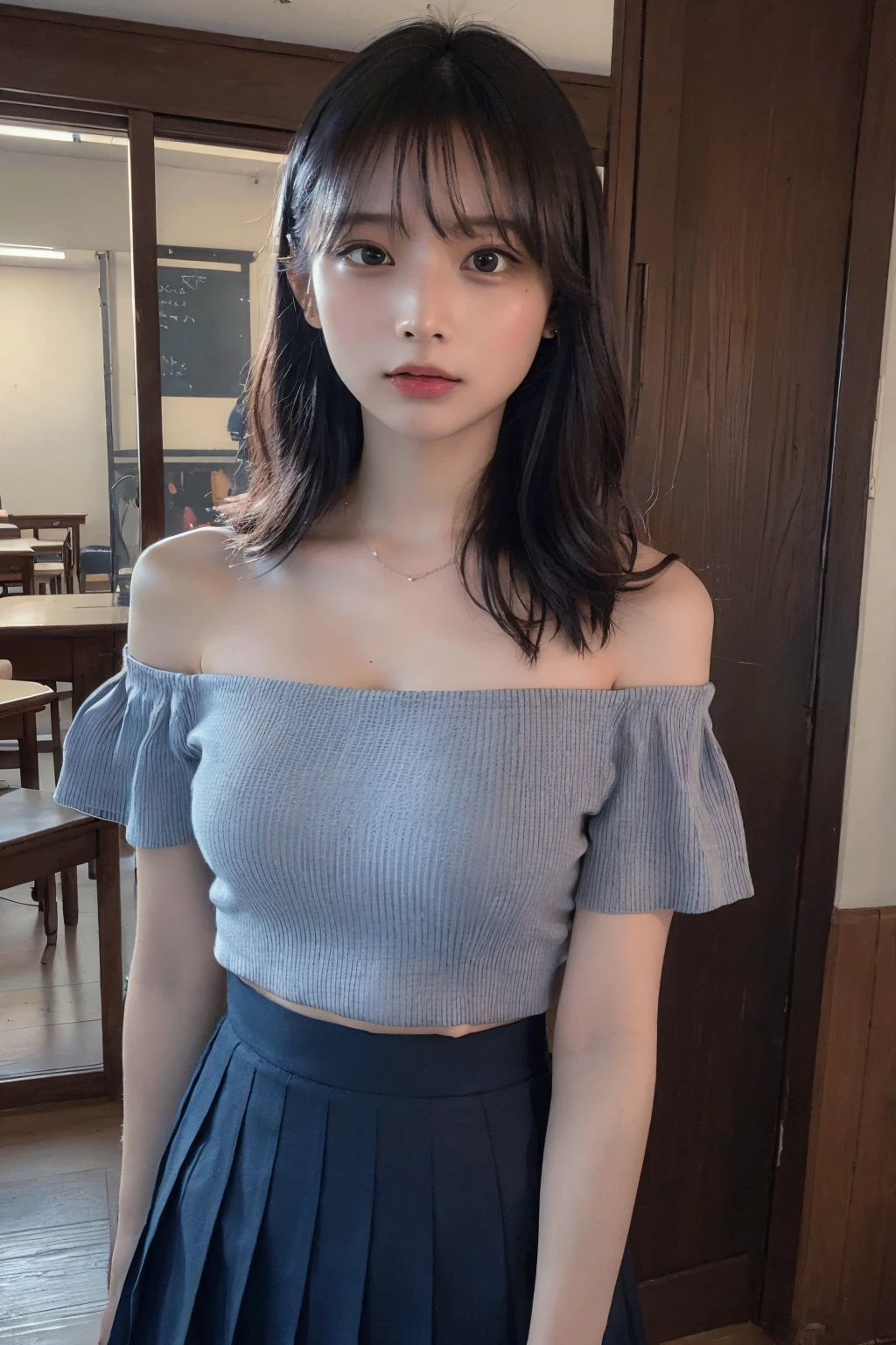 (Highest quality:1.4),(masterpiece:1.4),(Realistic:1.4),(Realistic:1.2),(超High resolution, RAW Photos:1.4),(High resolution, Very detailed:1.2),(8K:1.2),Cheki,a photo of a dark-haired,One Girl,alone,(wearing off shoulder buttoned school attire with mini pleated skirt),Big Breasts,((Upper Body:1.3)), beautiful thighs, long wavy Hair,Low image quality、blurred