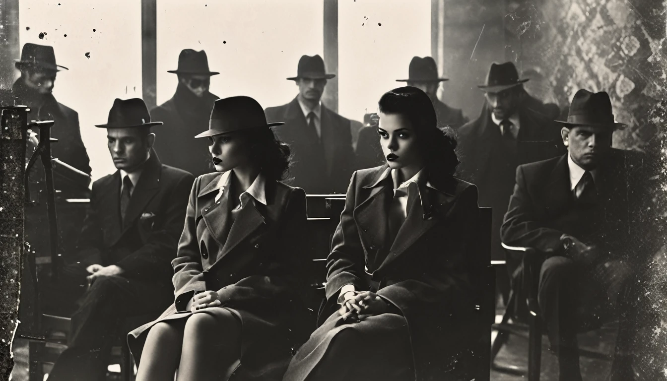 Mastermind young lady sitting on chair, a lots of gangster bodyguards