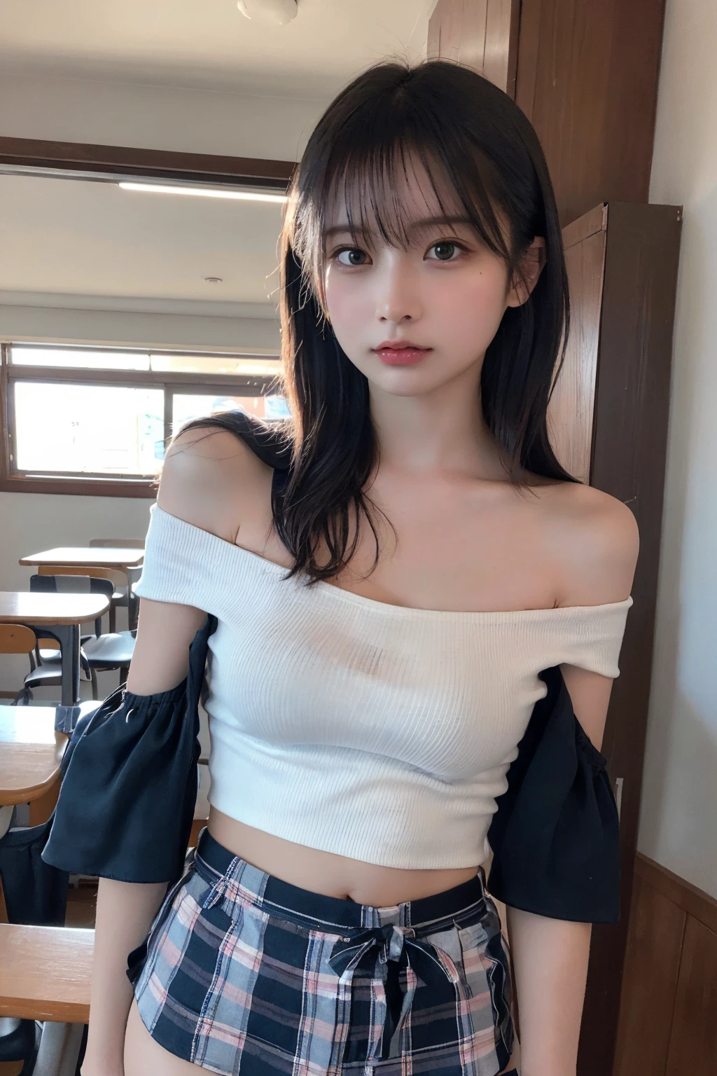 (Highest quality:1.4),(masterpiece:1.4),(Realistic:1.4),(Realistic:1.2),(超High resolution, RAW Photos:1.4),(High resolution, Very detailed:1.2),(8K:1.2),Cheki,a photo of a dark-haired,One Girl,alone,(wearing off shoulder buttoned school attire with mini shorts),Big Breasts,((Upper Body:1.3)), beautiful thighs, long wavy Hair,Low image quality、blurred